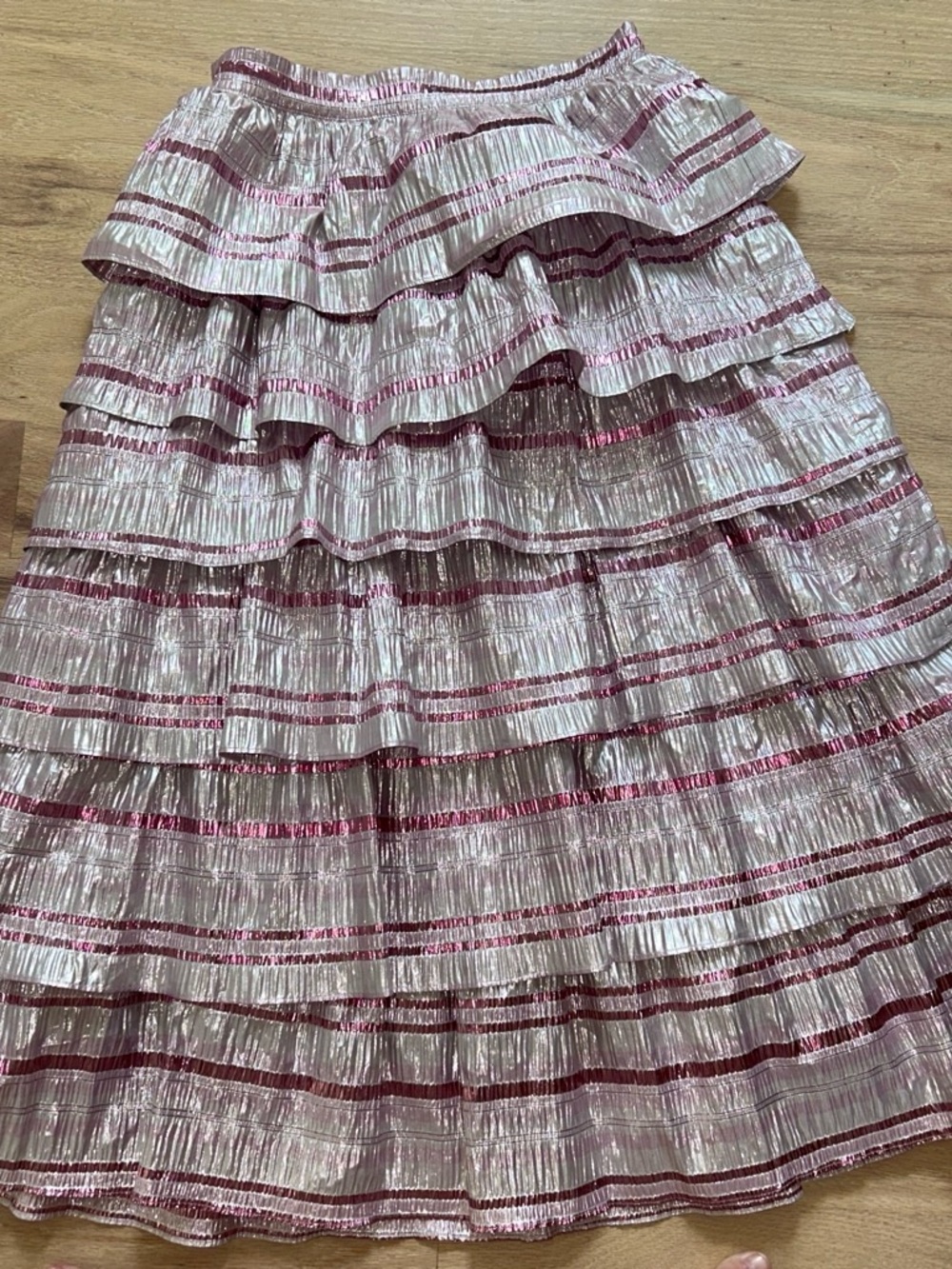 LoveShackFancy Metallic Pink Striped Ruffle Skirt